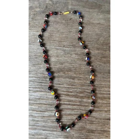 Vintage Murano Glass Bead Necklace With Colorful Millefiori Pattern